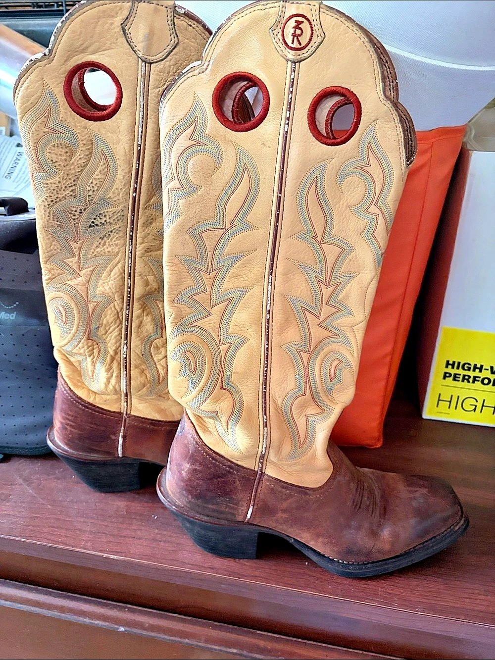Tony Lama Vintage Western Embroidered Heeled Boots in Brown & Tan